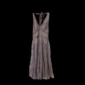 Cache Bronze Metallic Silk Blend Beaded Tiered Halter Dress Y2K Fairy - Size 4